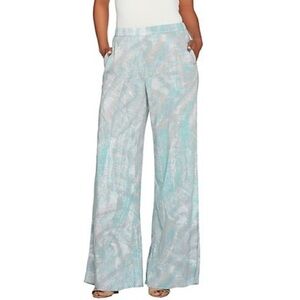 NWOT H By Halston Wide Leg blue abstract print work office professional Pants 4p